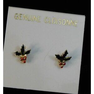 Vintage Genuine Cloisonne Holly Berry Post Earrings